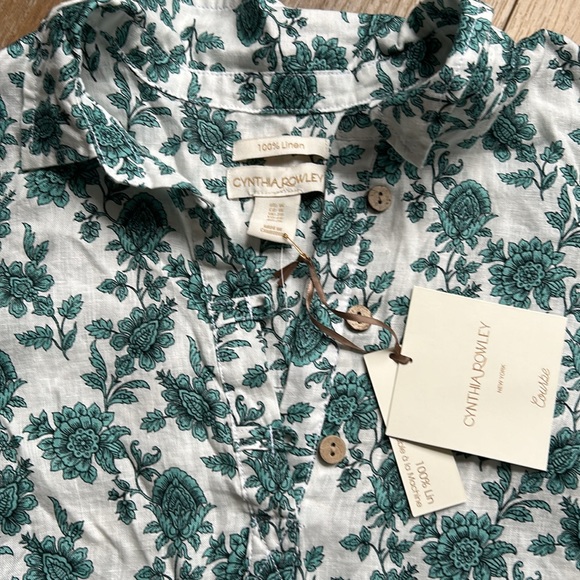 Cynthia Rowley Women Linen 1X Top Blouse White Green Floral Pullover NWT - Picture 7 of 11